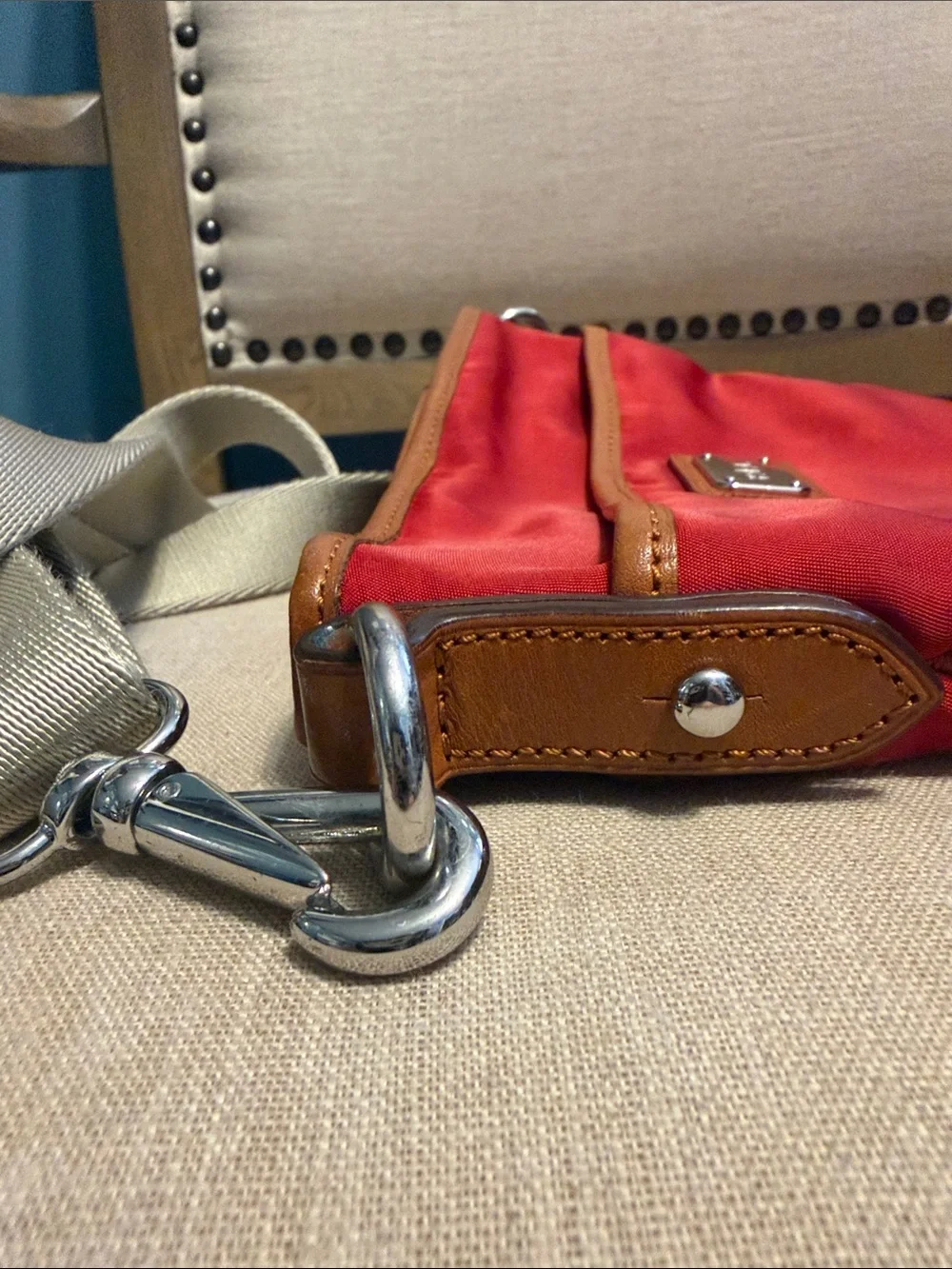 Lauren Ralph Lauren Small Red Crossbody Nylon Bag with Leather Trim